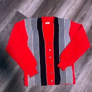 Vintage Classic Red and Gray Men's Cardigan Sweater